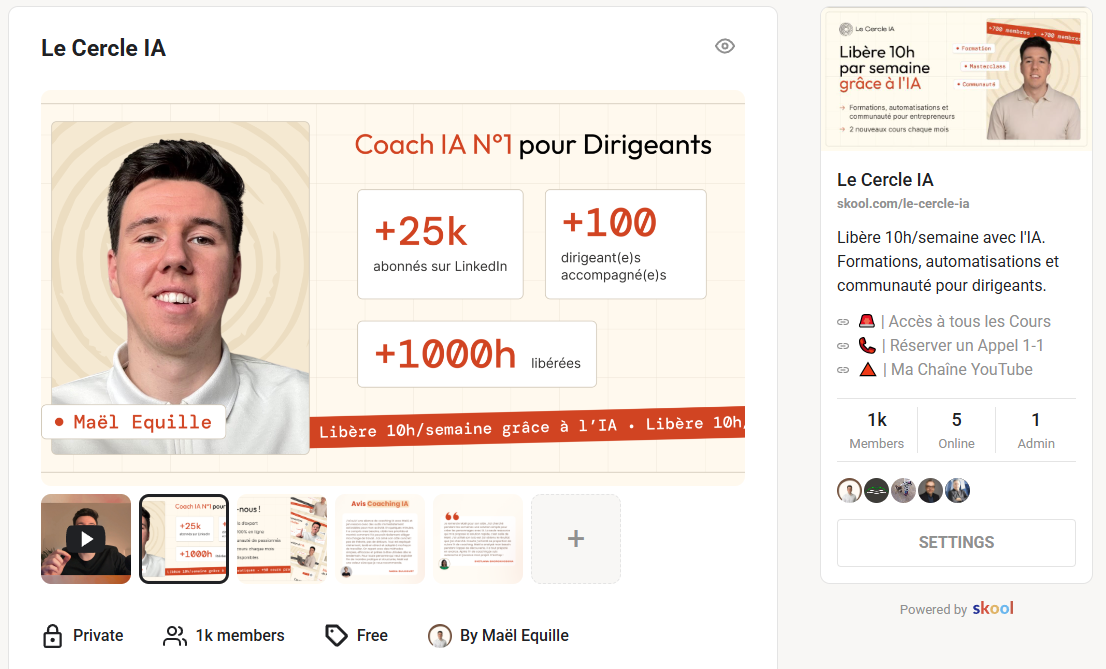 Le Cercle IA sur Skool : Coach IA n°1 pour dirigeants, +25k abonnés LinkedIn, +100 dirigeants accompagnés, +1000h libérées, 1k membres